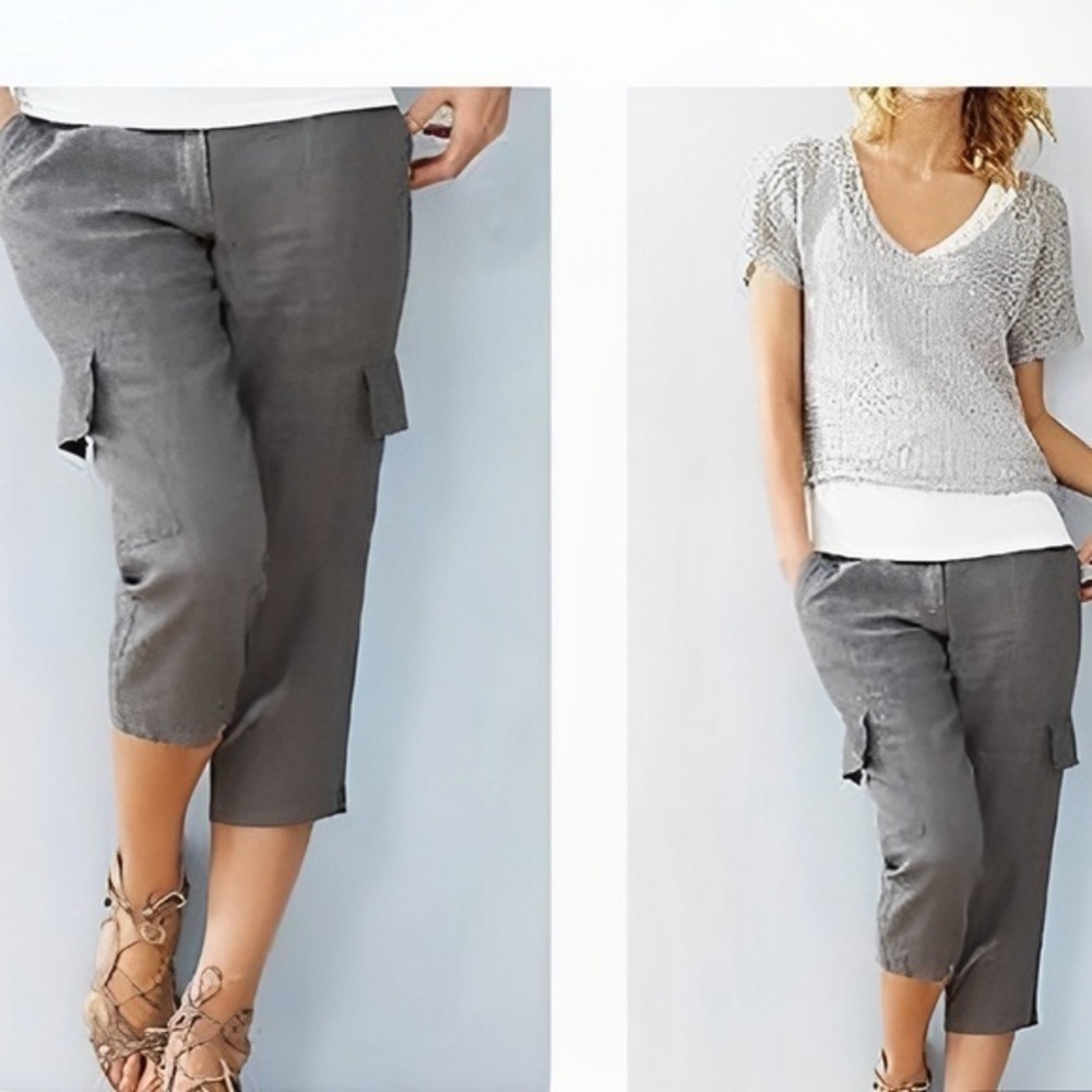 Eileen Fisher Gray Organic 100% Linen Cropped Capri Cargo Pants